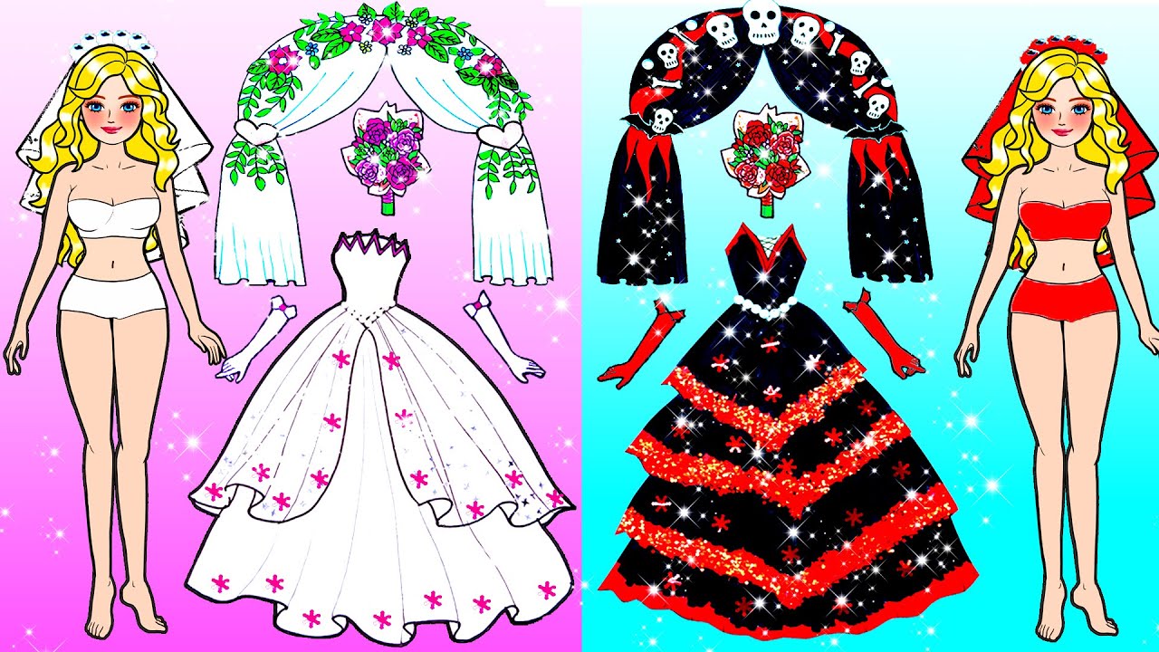 Paper Dolls Dress Up - Costumes Angel Bride Vs Vampire Bride Dress Up Contest- Barbie Story & Crafts