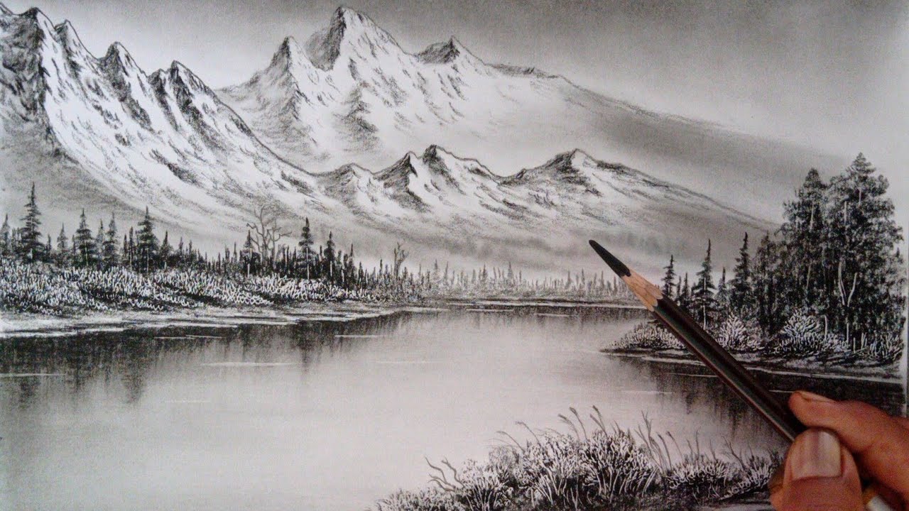 Mountain lake landscape scenery drawing easy ways // Pencil drawing nature view easy ways //