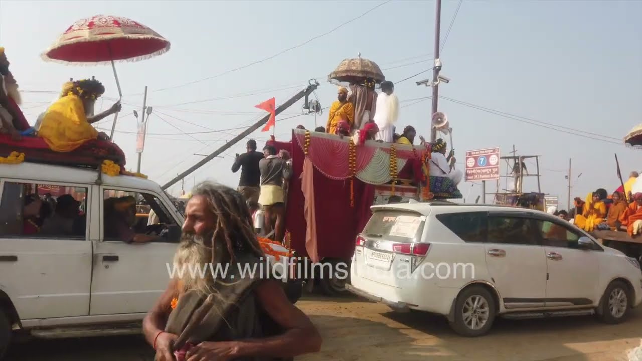 Intense Devotional scene Sadhus Procession and Crowd control at Maha Kumbh Prayagraj