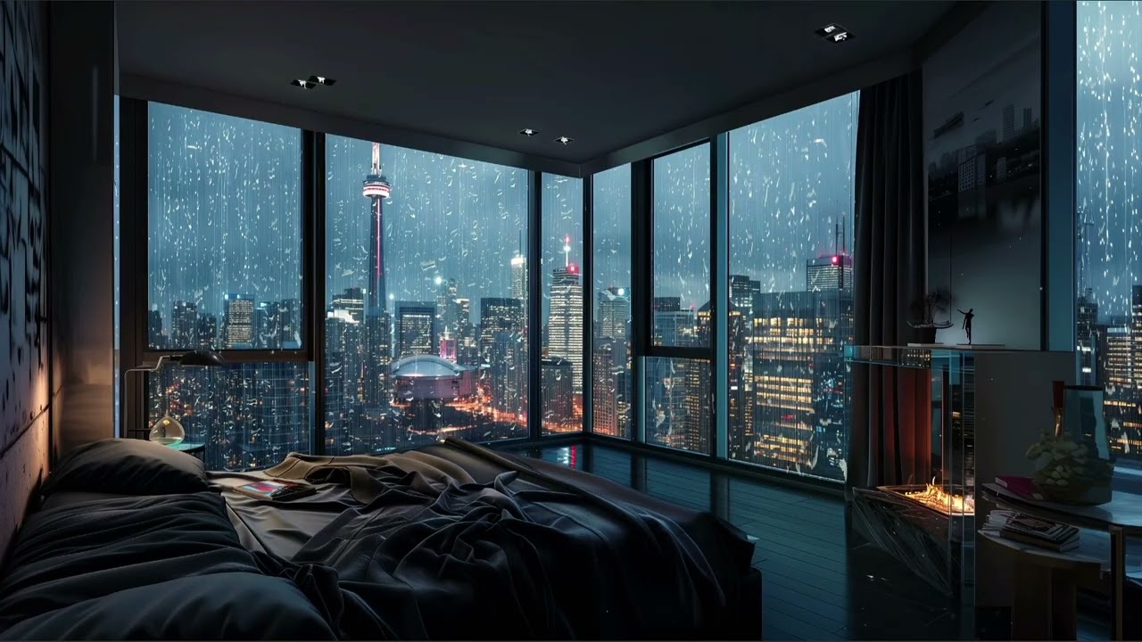 Cozy Bedroom Rain Ambience 🌧️ Night City View | Relaxing Rain Sounds for Sleep & Study