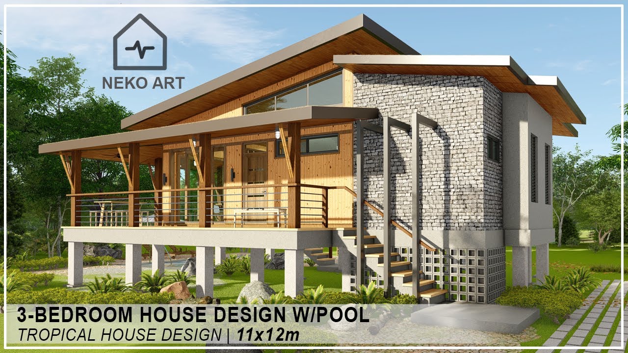 Ep-37 | 3-BEDROOM MODERN NATIVE HOUSE DESIGN with POOL -  11x12m Modern Bahay Kubo | NEKO ART