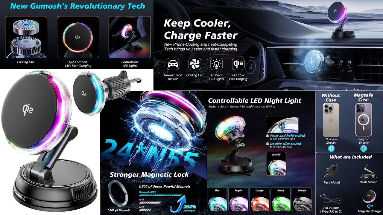 Cargador inalámbrico GuMosh Qi2 15W, MagLeap MagSafe, ventilador, luz RGB, modelo T233-F, serie MG16