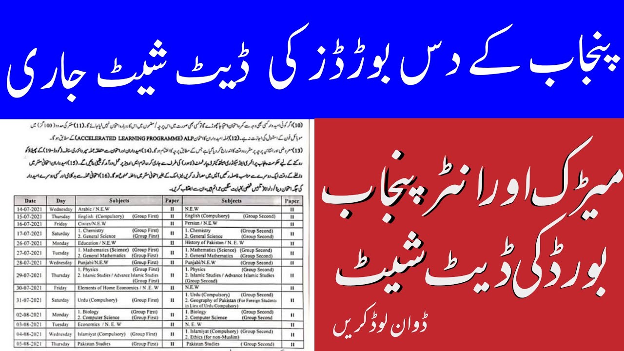 Matric And Intermediate Board Exams New Datesheet 2021 - 9th+10th+11th+12th Board Exams Datesheet