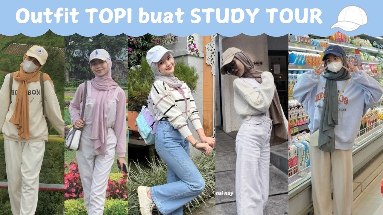 Outfit Hijab dan Topi untuk Study Tour sekolah | korean casual girls | ootd jalan jalan dan wisata