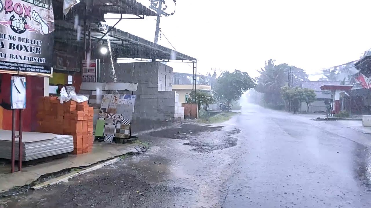 Walking Through Heavy Rain Storm with Strong Wind and Thunder in Quiet Rural Village Night ASMR 4K