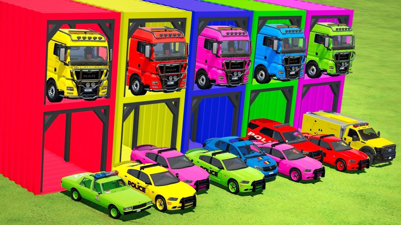 TRANSPORTING POLICE CARS, AMBULANCE, FIRE TRUCK, COLORFUL CARS WITH TRAIN -FARMING SIMULATOR 22!