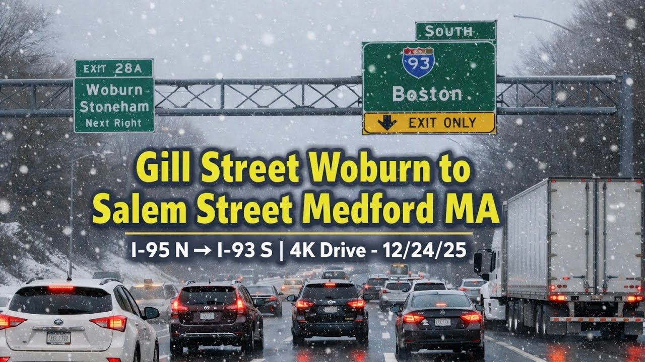 🚘 Gill Street Woburn to Salem Street Medford MA | I-95 N → I-93 S | 4K Drive - 12/24/25