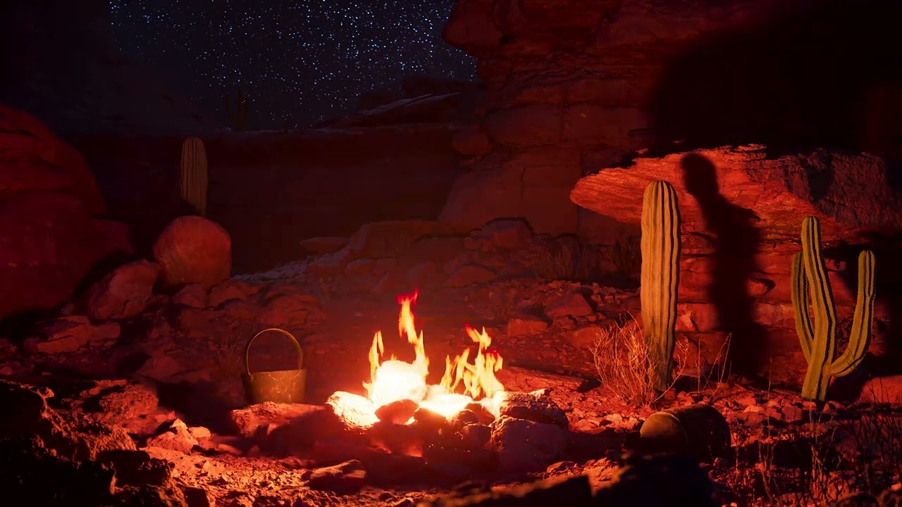 Desert Campfire Ambience - Camping by a Crackling Fire, Relaxing Night Sounds for Sleep or Study