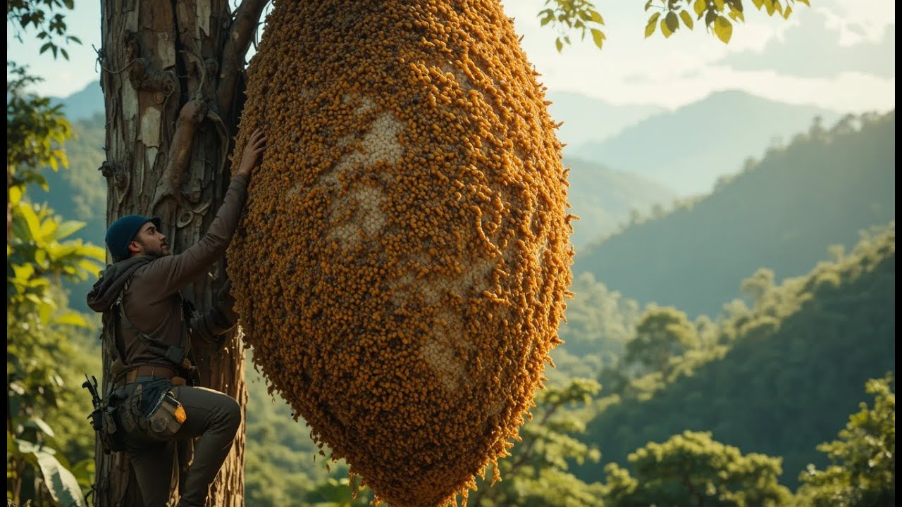 Zbi&oacute;r dzikiego miodu od olbrzymich pszcz&oacute;ł &ndash; drugi zbi&oacute;r na palmie (Apis Dorsata, Indonezja)