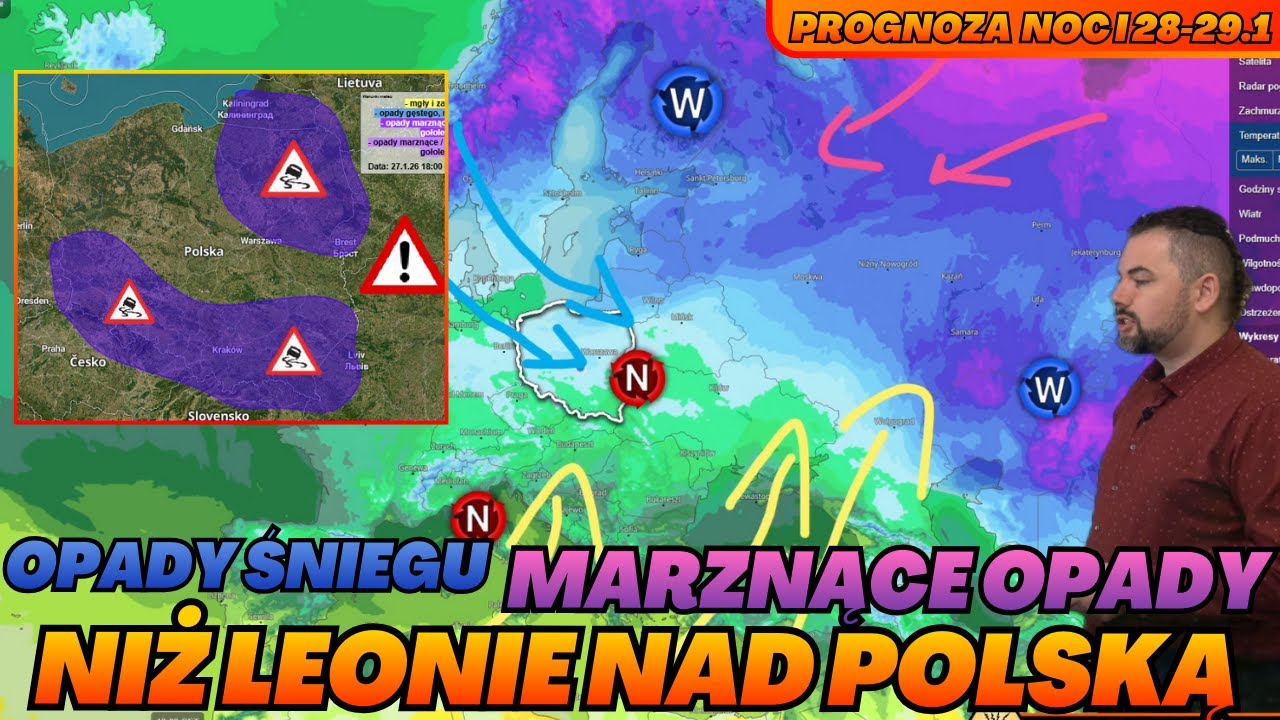 Opady śniegu, mieszane. Marznące. Mgły. Trudne warunki na drogach. Niż Leonie nad Polską. Prognoza