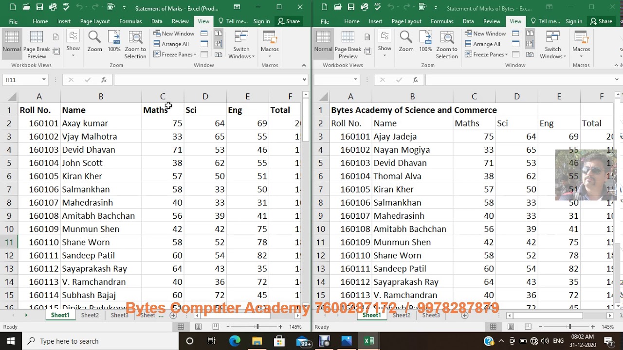 Excel VIEW Tab Window group VIEW SIDE BY SIDE,  SYNCHRONOUS SCROLLING,  RESET WINDOW POSITION