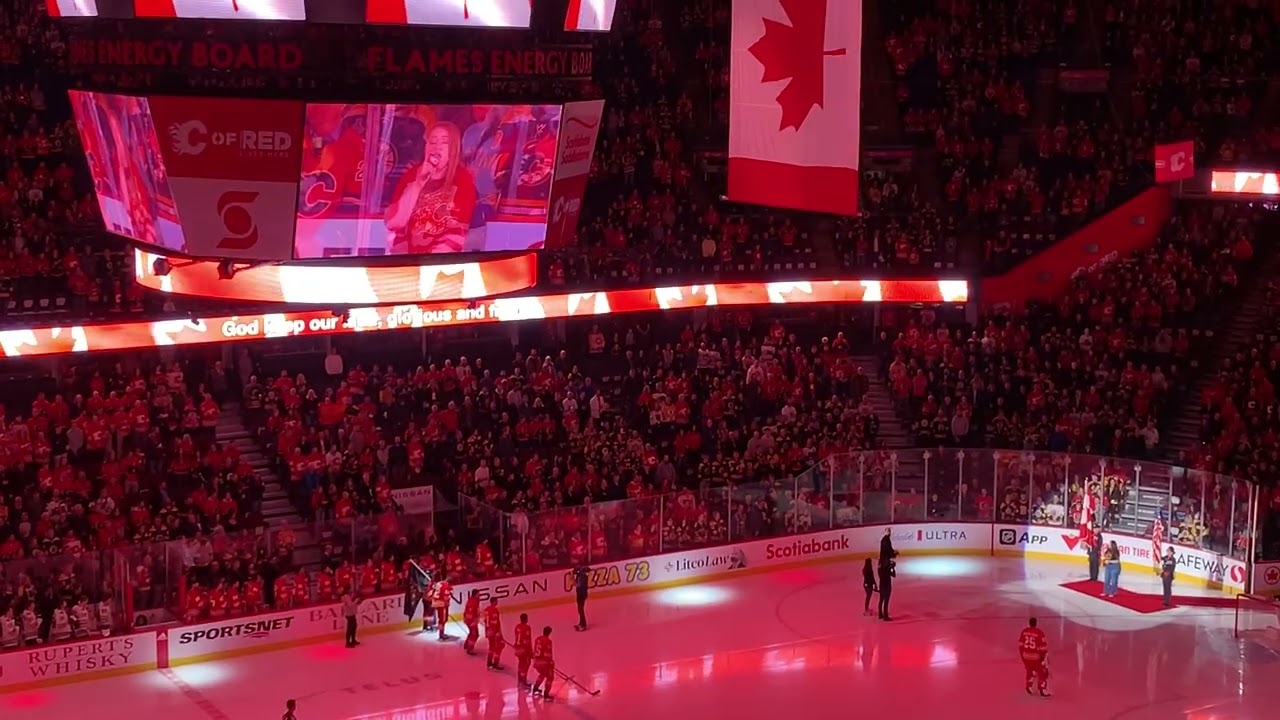 Canadian national anthem in Calgary, Scotiabank Saddledome, 2024. Kanadská hymna před zápasem NHL.