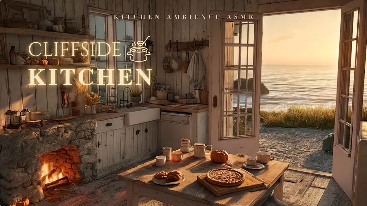 Rustic Kitchen on the Cliff’s Edge | Cozy Kitchen Ambience with Fireplace and Ocean Sounds