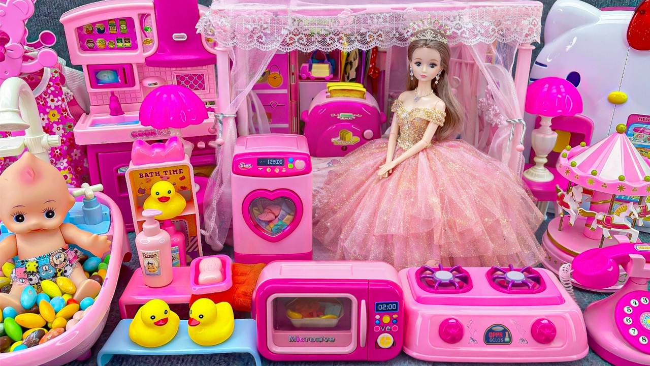 5 Minutes Satisfying with Unboxing Pink Barbie Princess Doll Bedroom, Kitchen Collection Review Toys