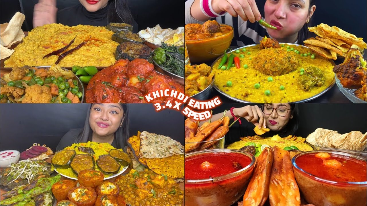 ASMR: Eating Khichdi Eating Challenge 😍😋 beingan fry dum aloo Gobi bhaji bhature naan eating Mukbang