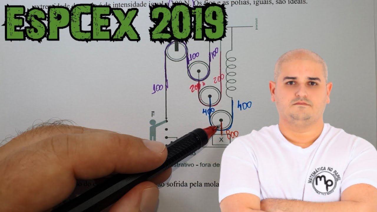 EsPCEx 2019 - O sistema de polias sendo uma fixa e três móveis, encontra-se em equilíbrio estático
