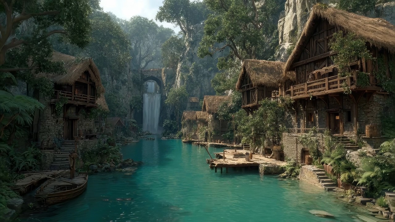 🏞️ Soothing Celtic Fantasy Music | Magical Riverside Village & Waterfall Haven