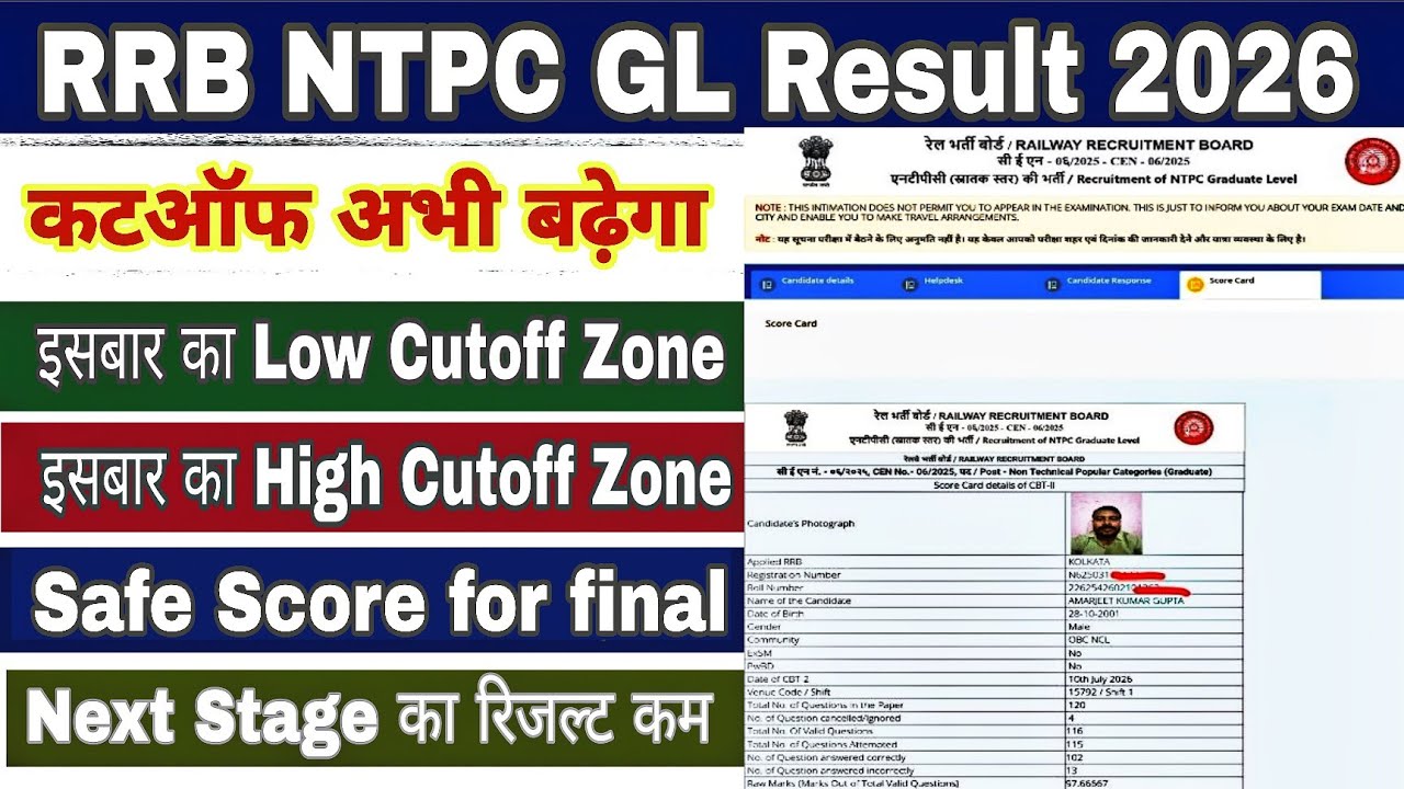 RRB NTPC CBT-2 Result 2026 | Railway NTPC Graduate Level Final Cutoff 2026 | NTPC Cutoff/Score Card