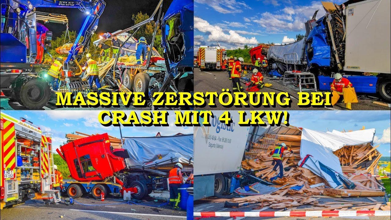 [MASSIVE ZERSTÖRUNG AM STAUENDE] Vier Lastwagen auf A6 zusammengekracht | FEUERWEHR + THW + BERGUNG