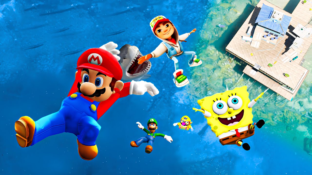GTA 5 Super Mario Team VS Surfers VS Sponge Bob Water Ragdoll Falls (Funny Moments)