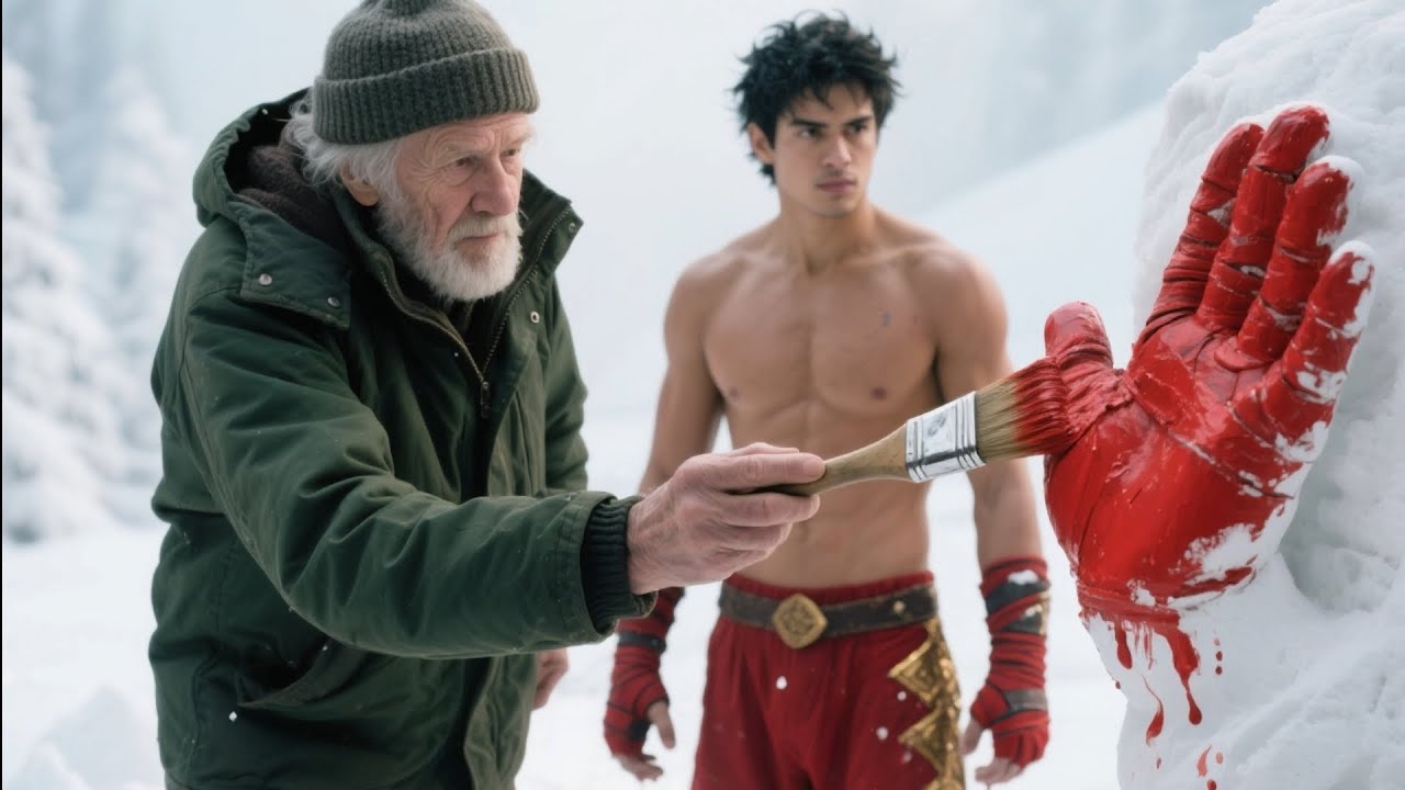 The old man used dry branches and snow to make a model of the hero Raz from Arena of Valor
