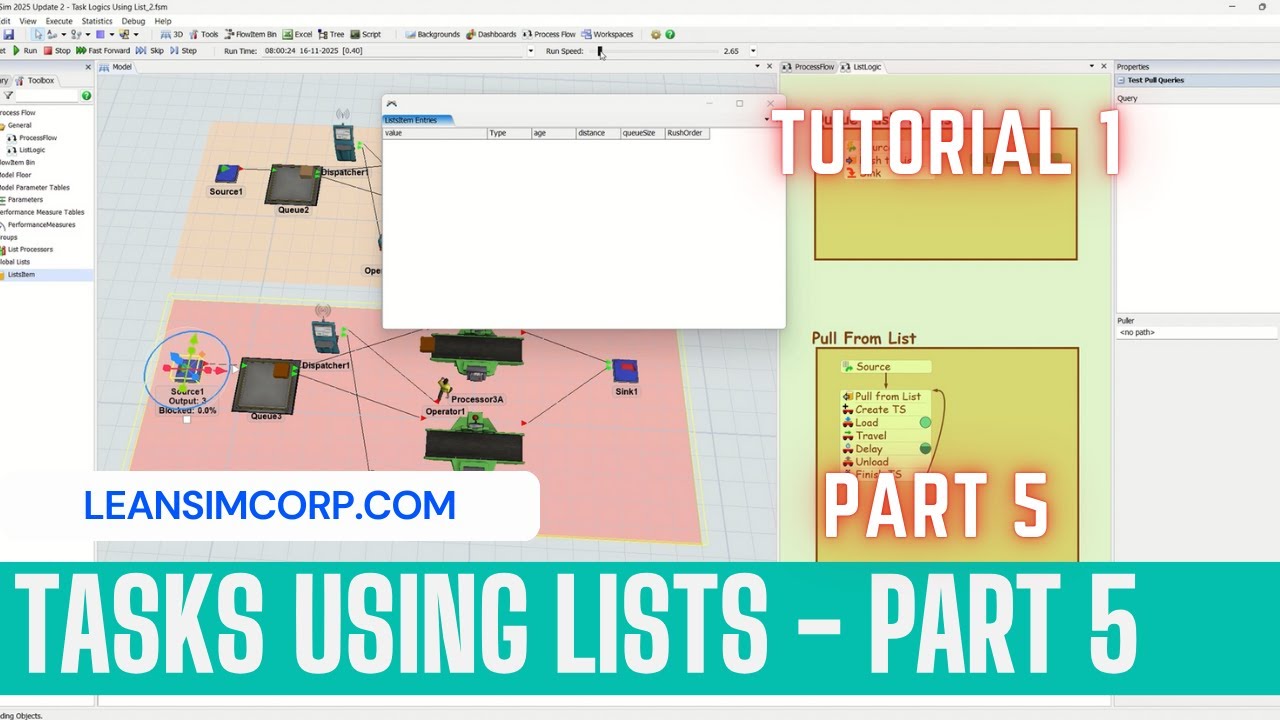 Using lists For Task Logic | Flexsim Tutorials | Push to list | Pull form list | Priority | Part 5
