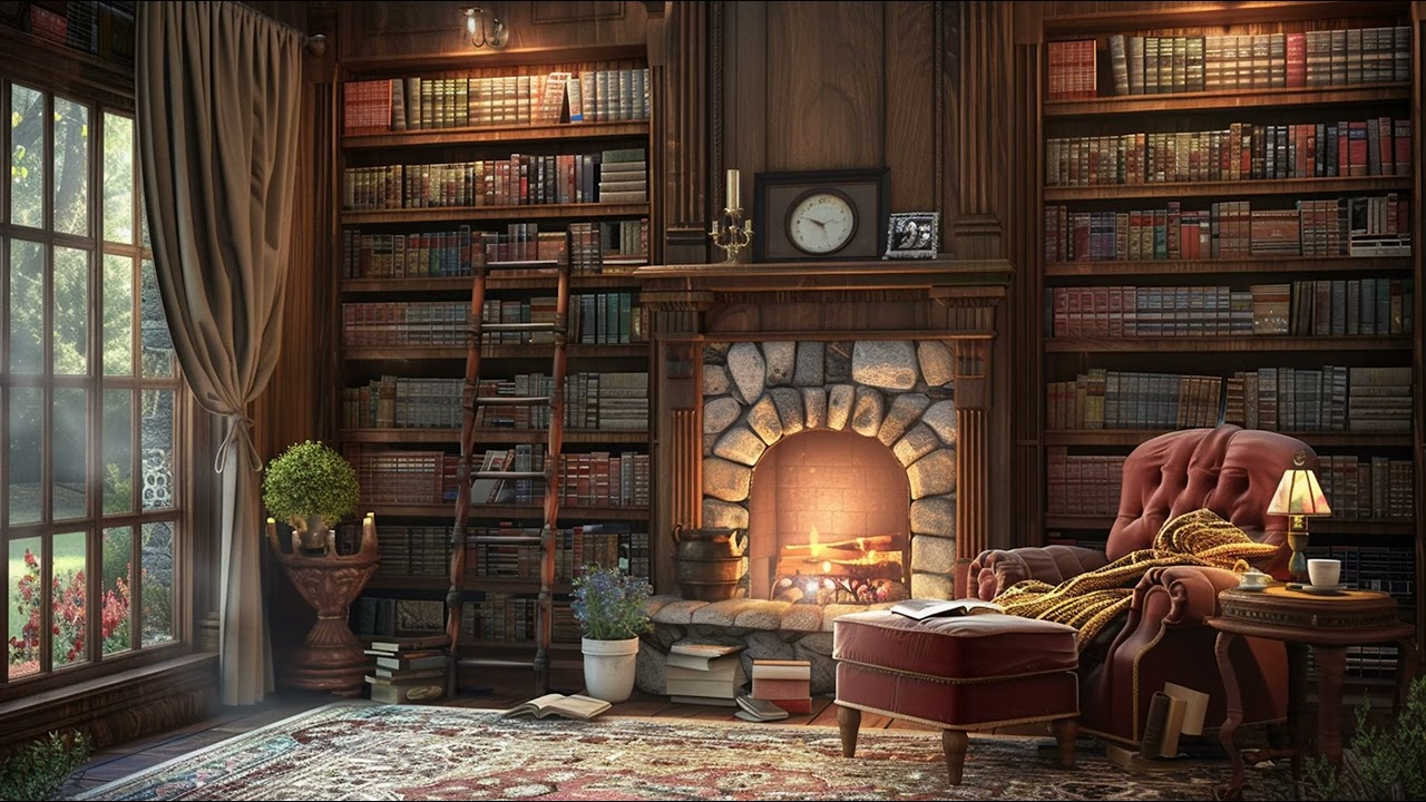 Cozy Home Library | Reading with Fireplace Ambience