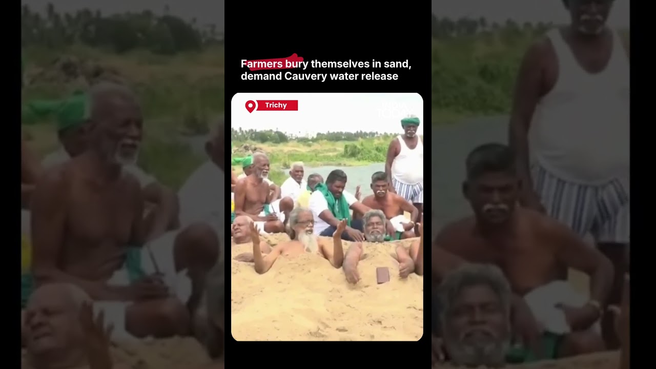 Tamil Nadu Farmers Partially Bury Themselves in Sand During Cauvery Water Protest in Trichy #farmer
