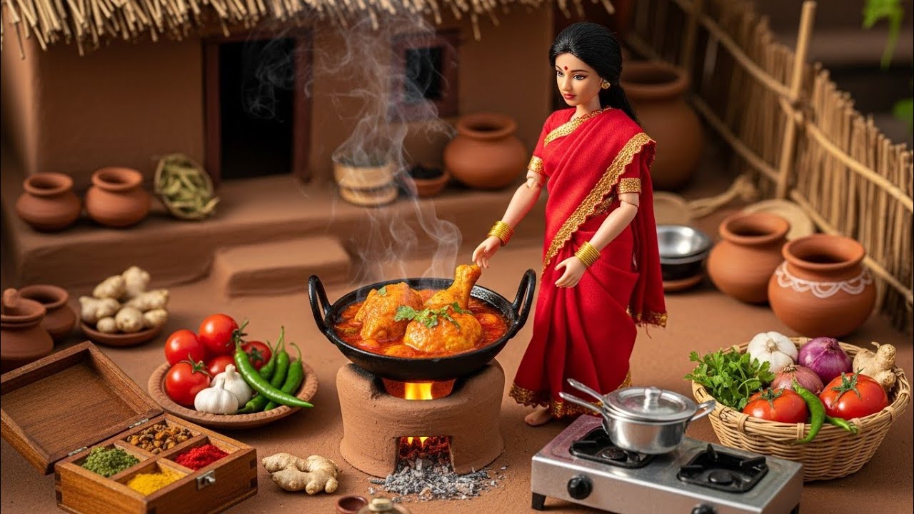 Miniature Doll Chicken Tomato Curry & Roti Cooking ASMR | Indian Village Tiny Kitchen Story