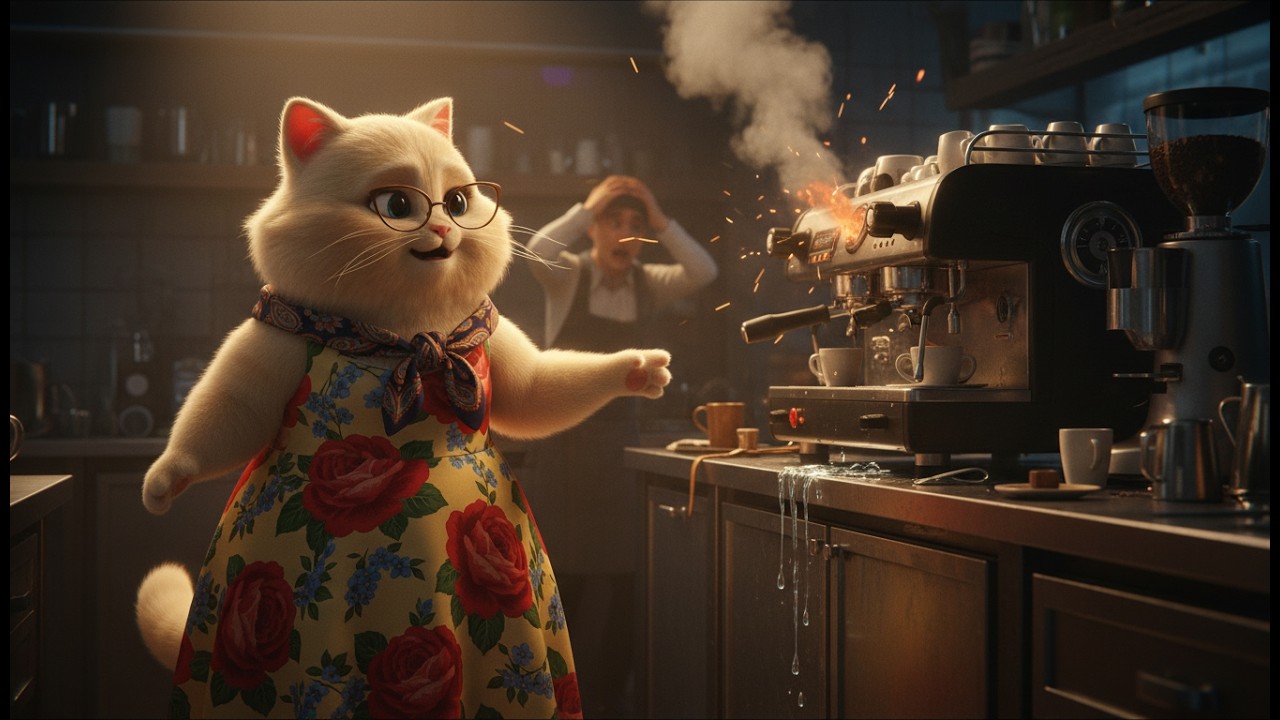 Mama Cat saves the cafe from a coffee machine fire: Heroic Rescue!