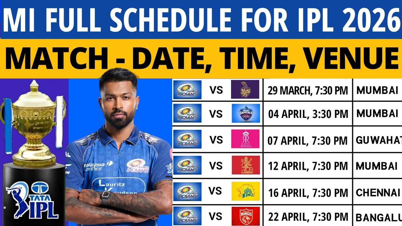 IPL 2026 - Расписание матчей Mumbai Indians | Расписание матчей MI 2026 | Расписание MI 2026 | Сп...