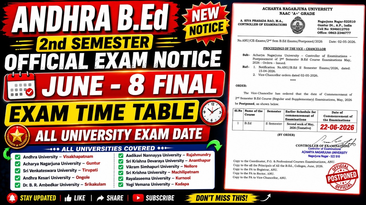 Andhra B.Ed 2nd Sem Exam Date 🔥| AKU ANU YVU AU 2nd Sem Exam Update  / Career Odisha #andhrabed