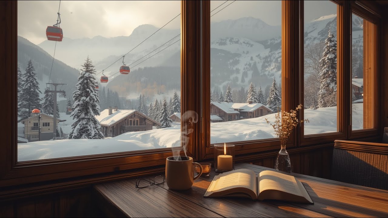 Cozy Swiss Alps Ski Lodge Ambience ❄️ Soft Holiday Piano Music & Peaceful Winter Views