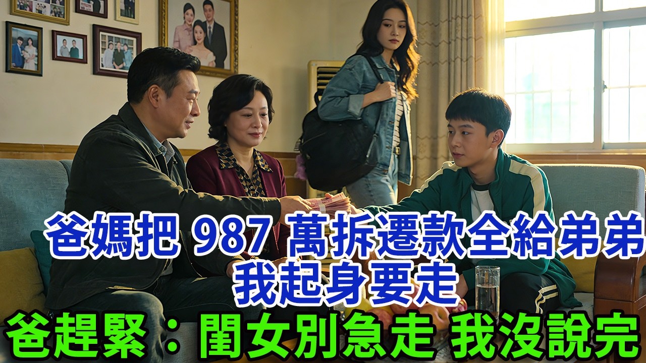 【满分爽文】爸媽把987萬拆遷款全給了我弟弟 我起身要走  我爸趕緊說：閨女 別著急走啊 我還沒說完呢  #婆媳 #家庭 #情感故事 #晚年生活 #為人處世 #生活經驗 #情感