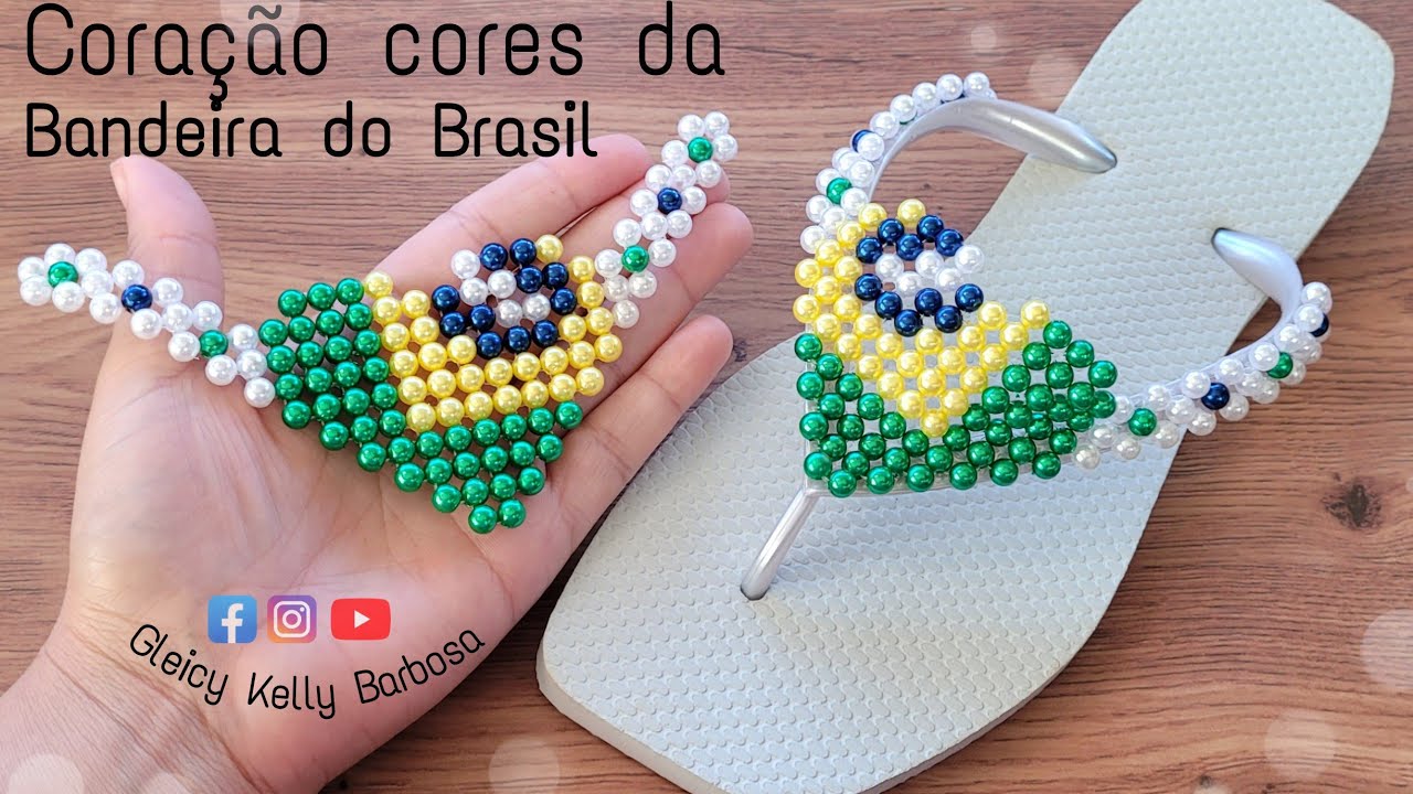 Coração de pérolas p/chinelos e chaveiros - Tema Brasil - Copa do mundo - Gleicy Kelly Barbosa