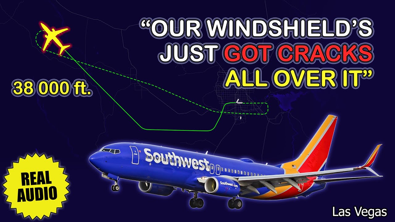 CRACKED windshield at 38000 ft. Southwest Boeing 737 declares emergency west of Las Vegas. Real ATC