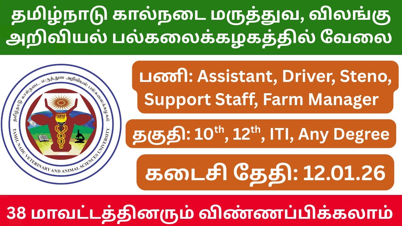 TANUVAS Recruitment 2025 | 60 Vacancy | Assistant, Driver, Steno, Support Staff, Farm Manager Posts