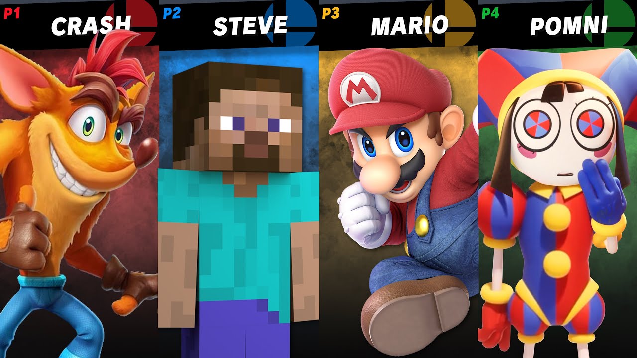 Mario vs Pomni vs Steve vs Crash Bandicoot in Super Smash Bros Crusade