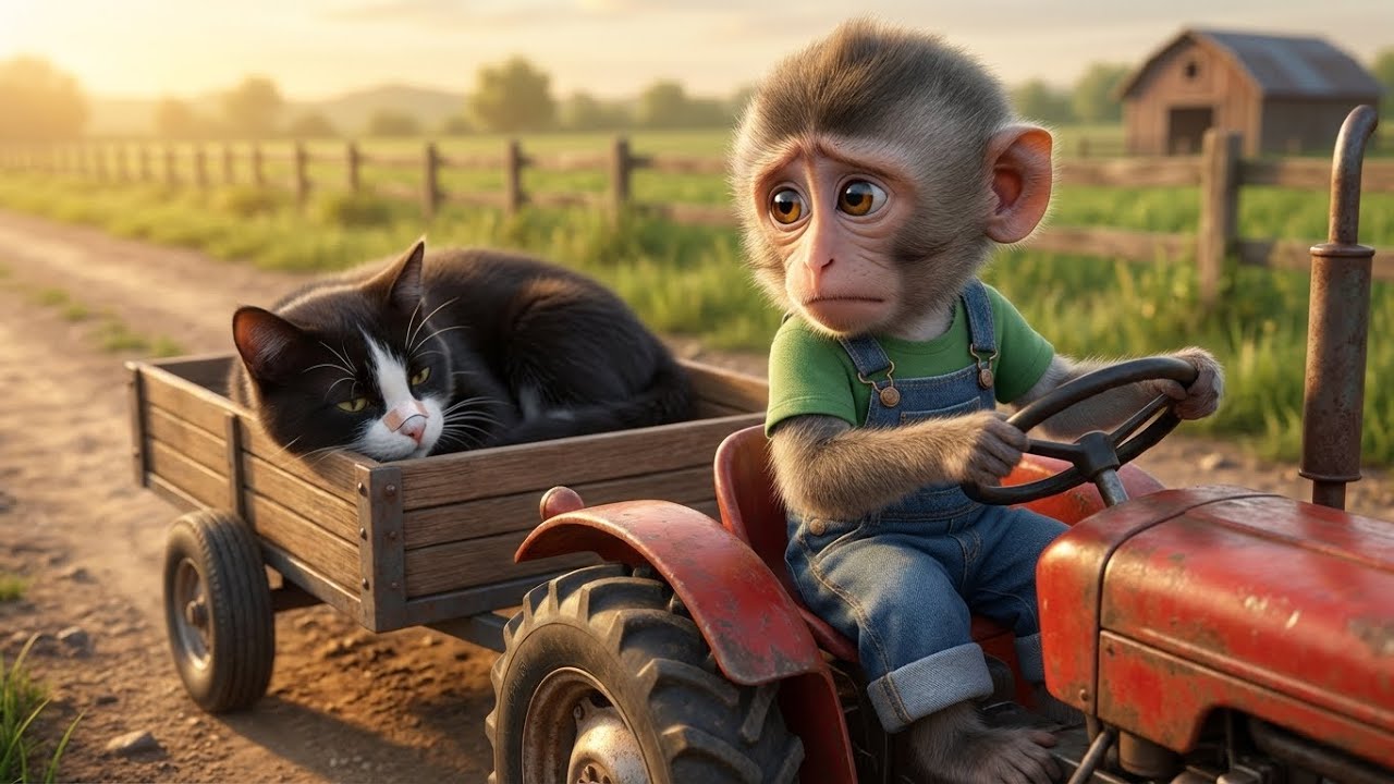 Baby Monkey Rushes His Hurt Cat Friend to Safety! 🐒🚜🐱