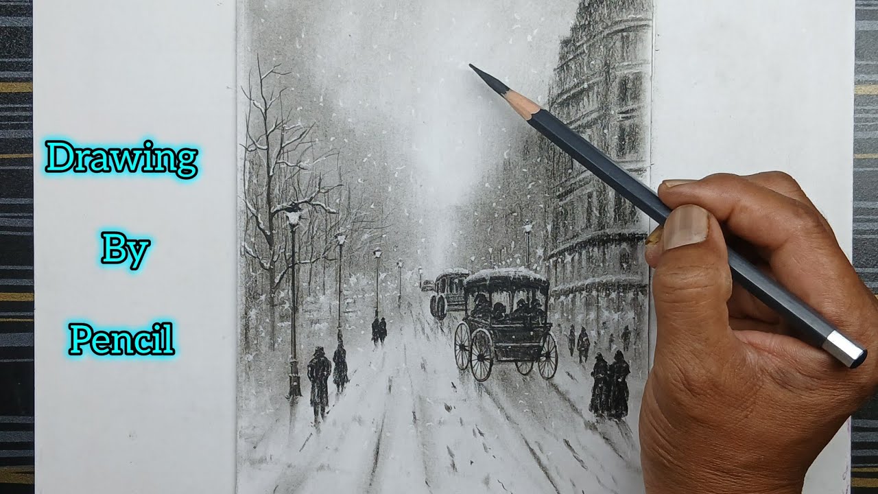 Snowy city landscape scenery drawing by pencil. पेंसिल द्वारा बर्फीले शहर के परिदृश्य दृश्य चित्रण।