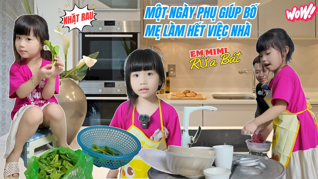 Thử Thách Một Ngày Em MiMi Phụ Giúp Bố Hoàng Và Mẹ Huế Làm Hết Việc Nhà Nhặt Rau, Nấu Cơm, Rửa Bát