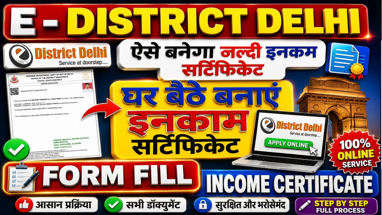 Income Certificate Apply Online 2026 | E-District Delhi से घर बैठे Form Fill | Full Process