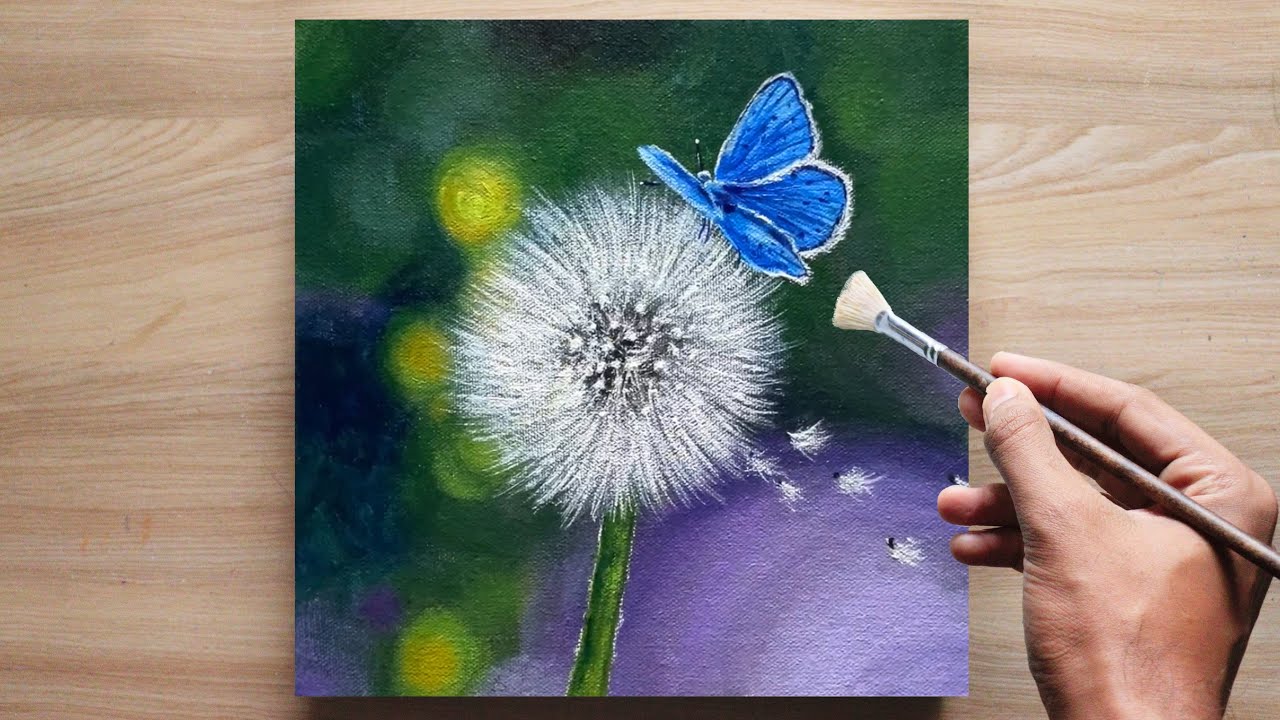 Dandelion and Butterfly AcrylicPainting  with fanbrush /Day:247