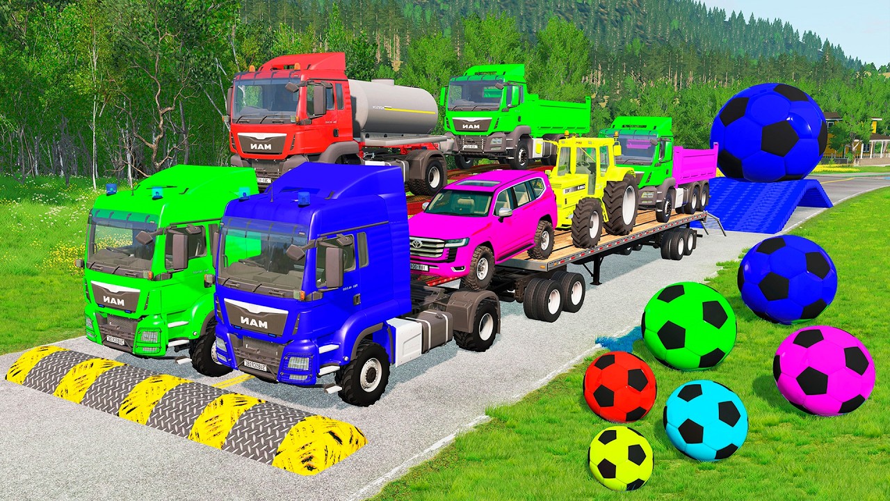 Flatbed Trailer McQueen Transportation with Truck - Speedbumps vs Cars vs Train - BeamNG.Drive #41