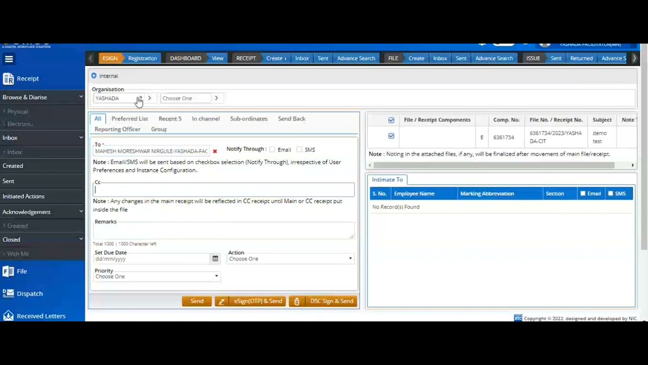 How to create correspondence or receipt in e-office hindi version part 1.