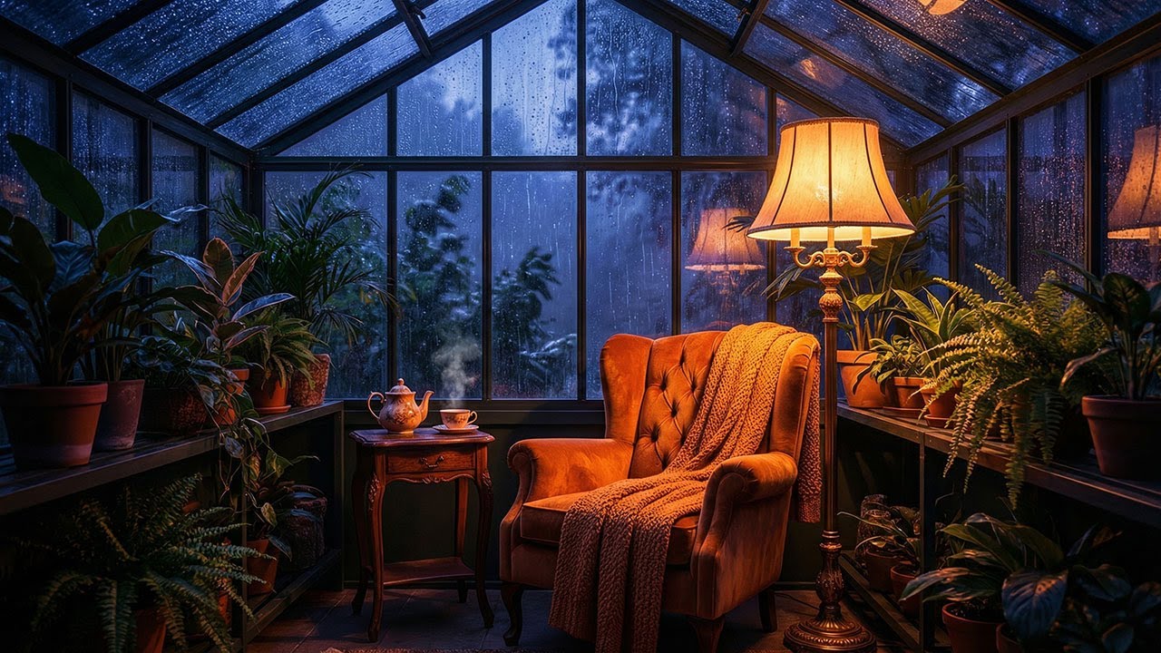 Cozy Greenhouse Rain at Night 🌧️ Heavy Rain on Glass & Distant Thunder for Sleep & Study