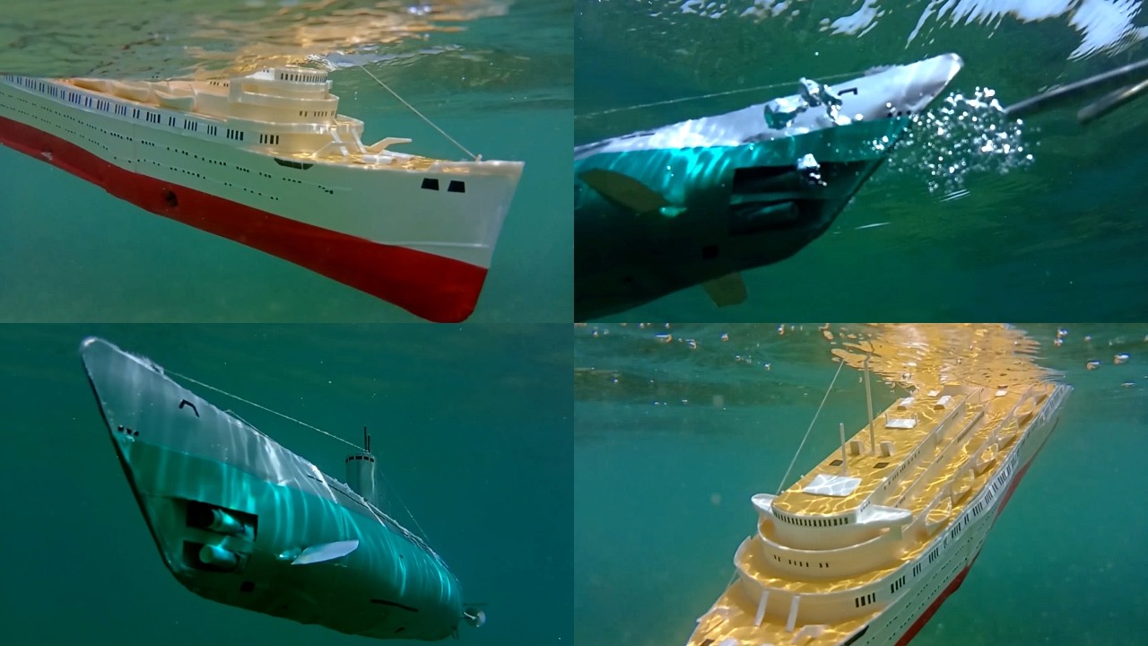 Cardboard ship sinking, model Wilhelm Gustloff sinks after torpedoing by submarine S13, ship wreck