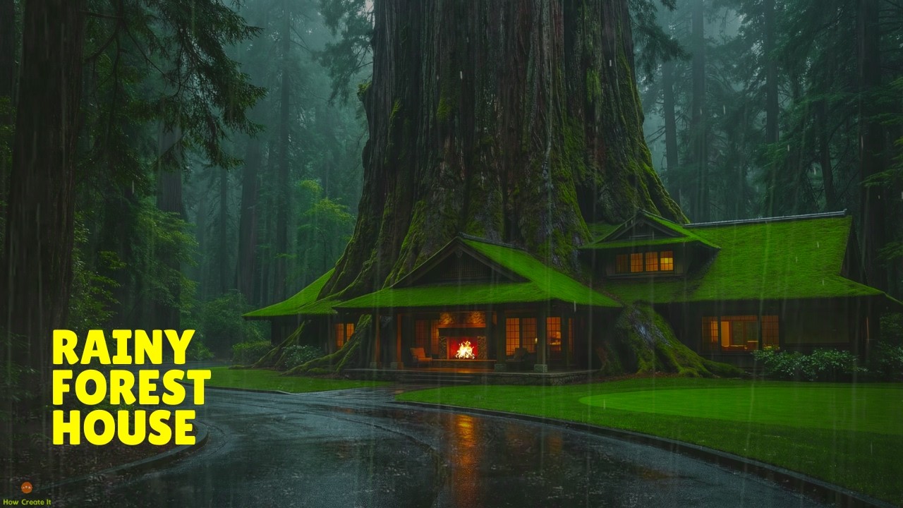 Peaceful Rainy Evening At A Moss Covered Forest House Beneath A Giant Ancient Redwood Tree