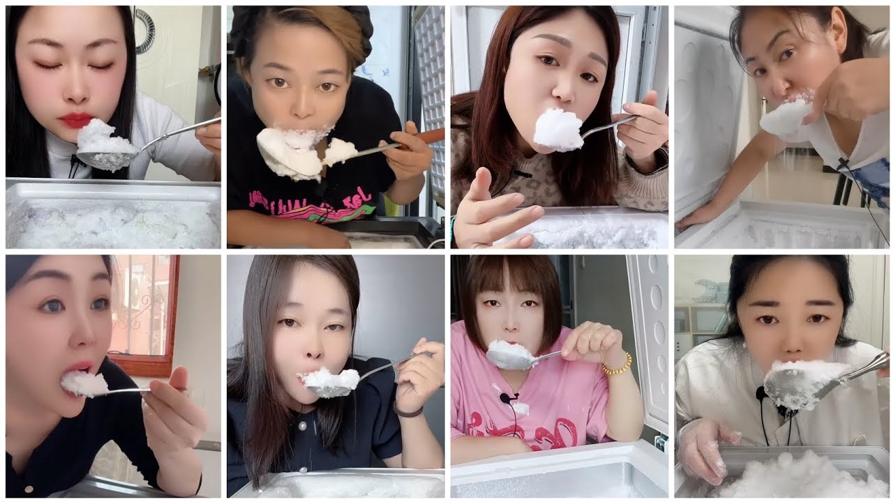 Freezer frost eating ❄️ Ice eating from freezer 🧊 Freezer frost spoonful 🧊 Ice eating compilation 💯