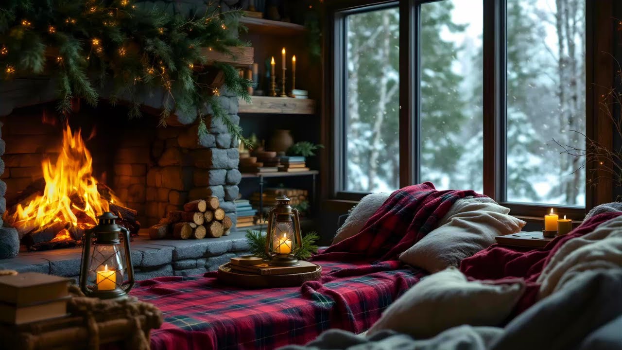 Timber Hearth at the Tartan Lodge | Flickering Fire & Gentle Snowfall ASMR.